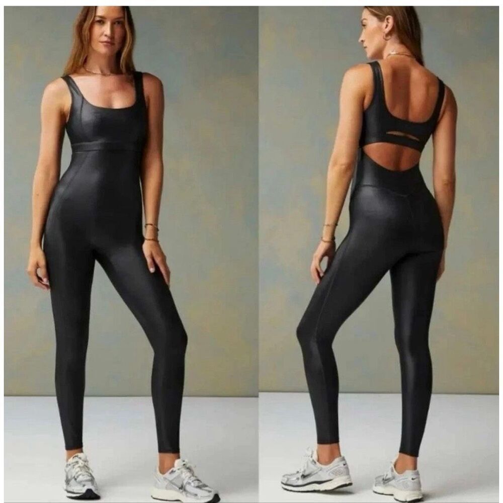 NWT Fabletics K Khardashian Coated Black One Piece Jumpsuit XL cut out back